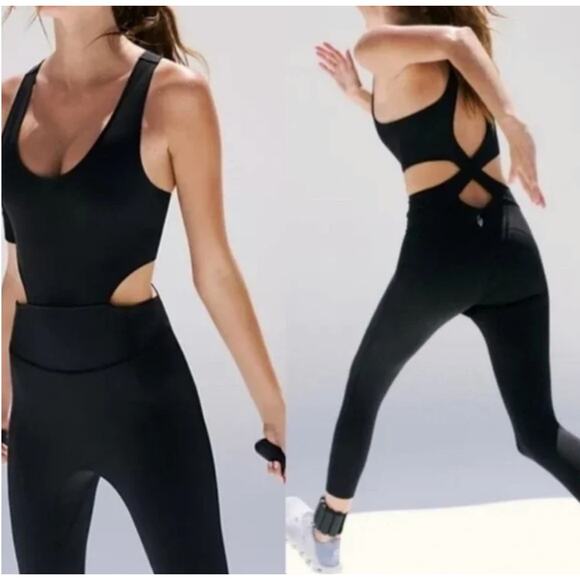 Free People FP Movement Back It Up Onesie Black Cutout Jumpsuit Cross Back - Picture 4 of 9